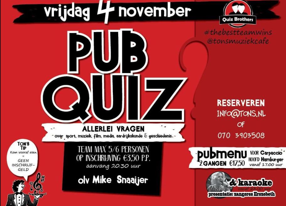Pub Quiz bij ton’s Muziekcafé