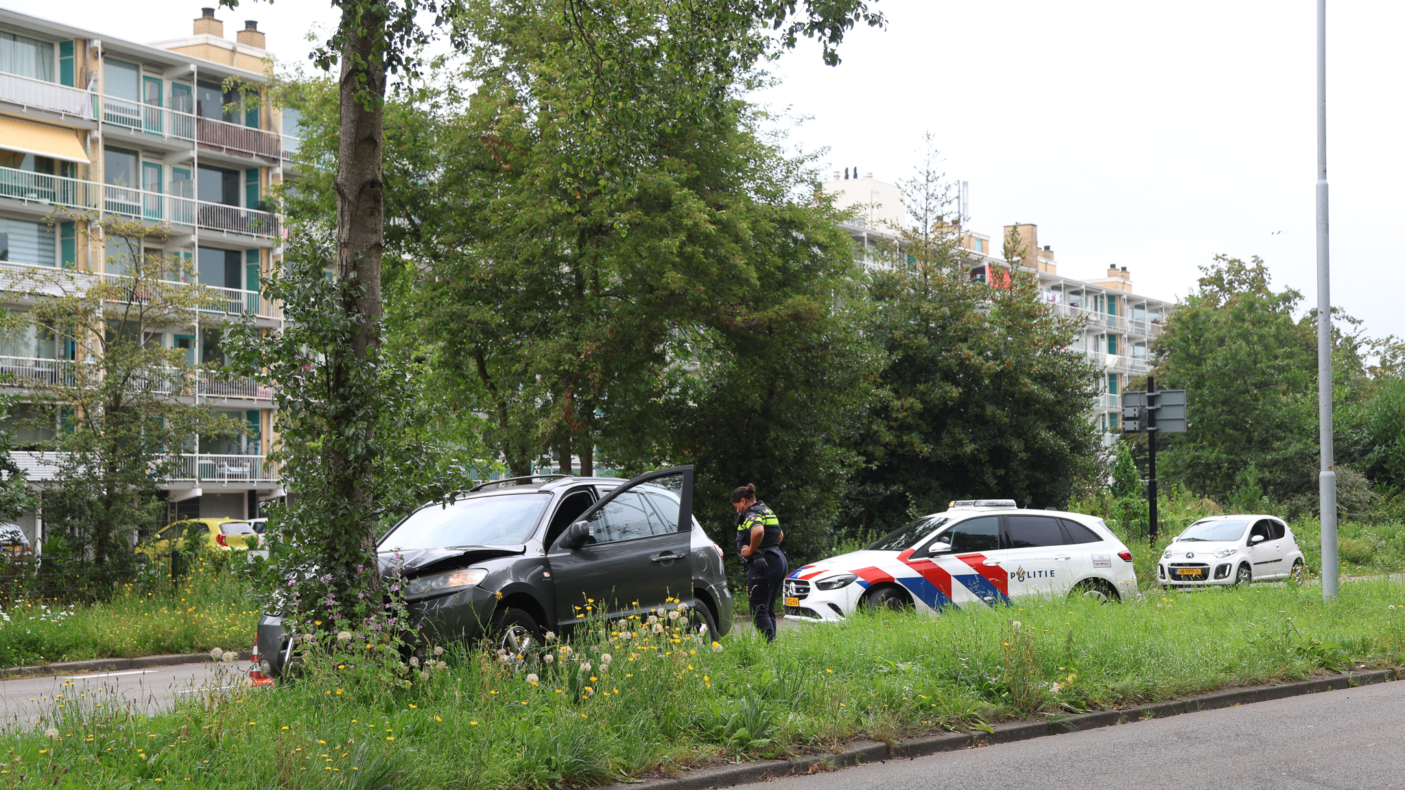 Automobilist klapt op boom langs Noordsingel