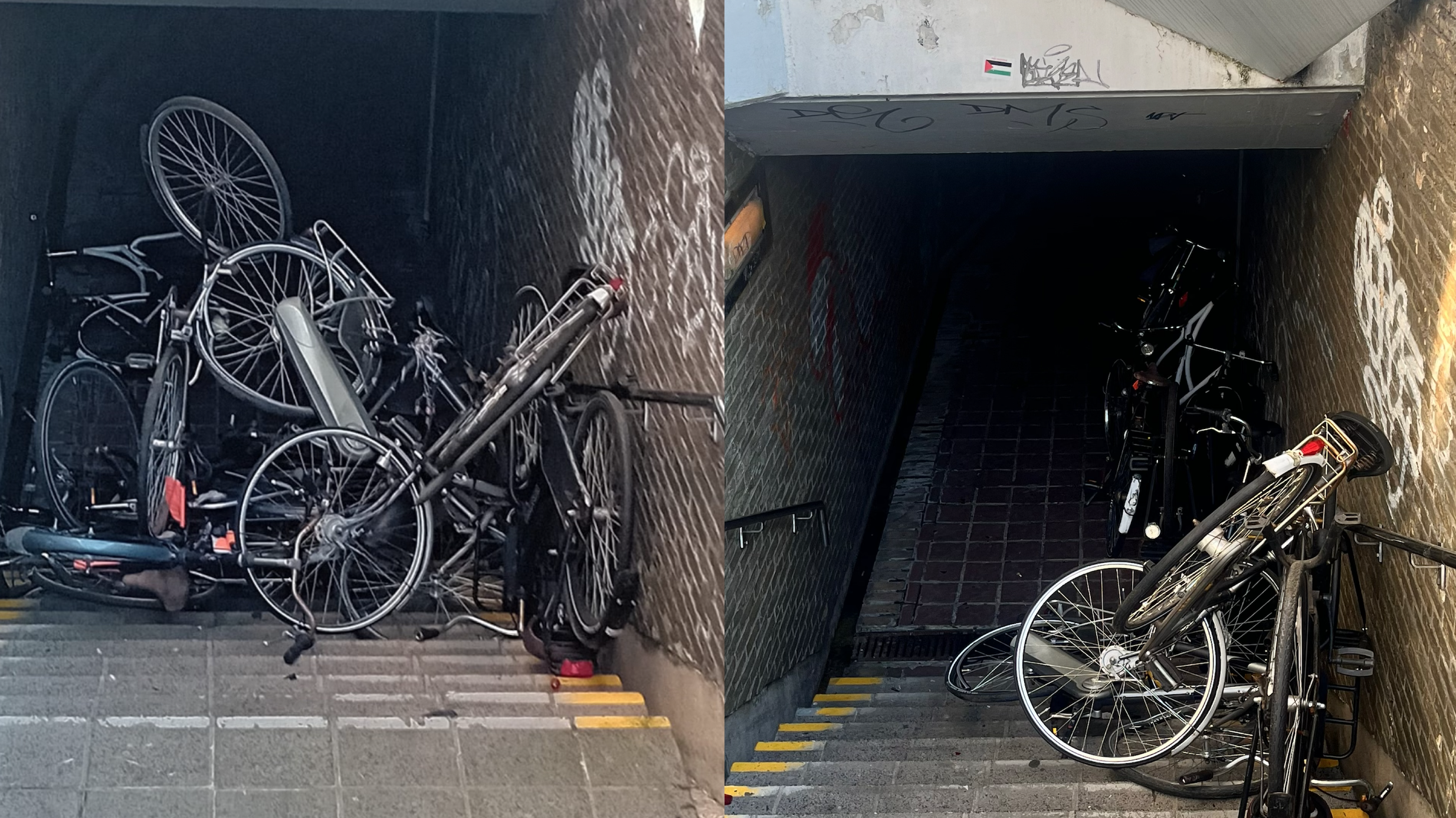 Fietsen gegooid in tunnel Herenstraat